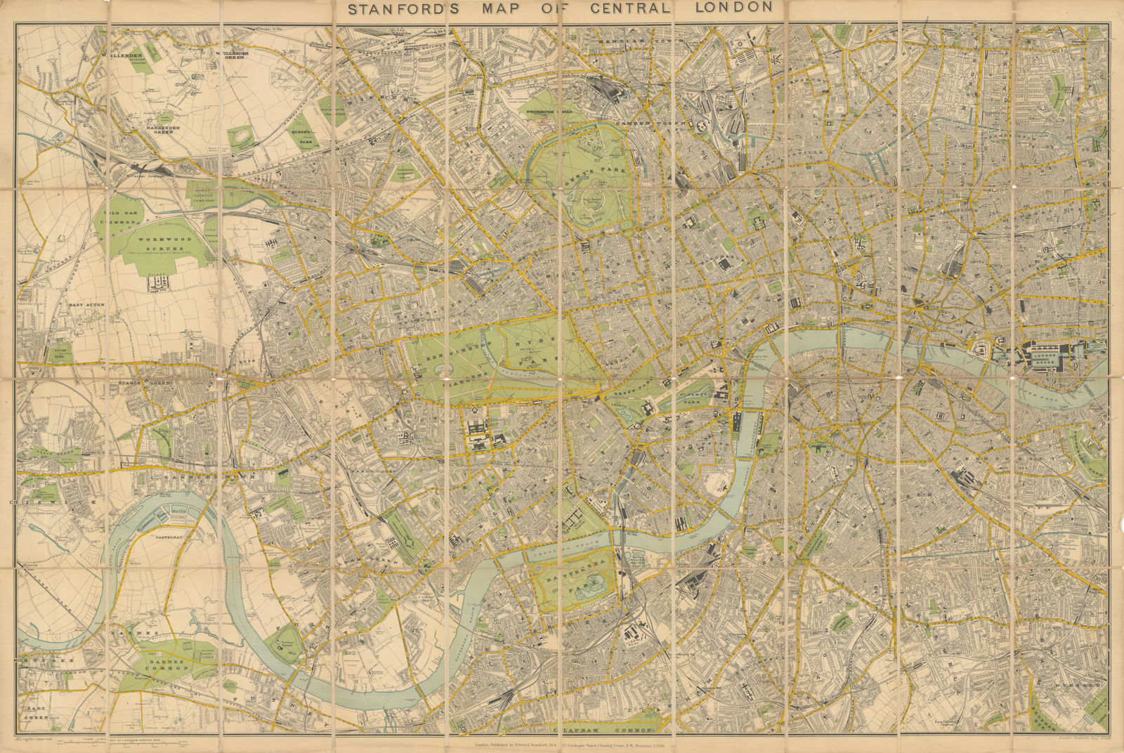 Stanford's Map of Central London. Folding, linen-backed antique city plan 1896